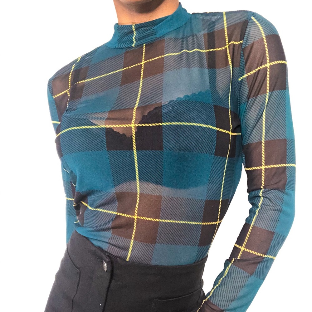 Mesh Plaid Long Sleeved Top